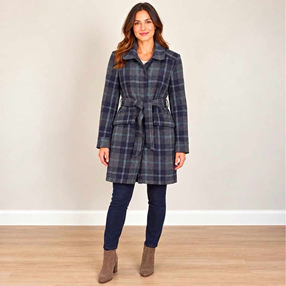 GAP Women's Vtg Gray Blue Plaid Belted Mid-Length Trench Coat Lined Pockets Sm